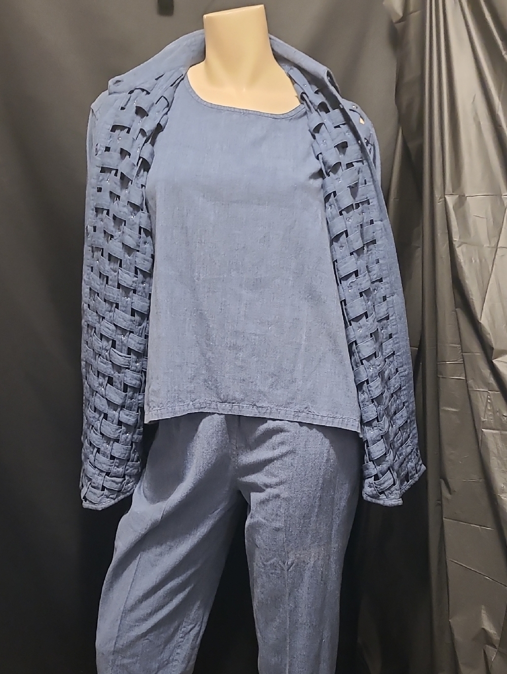 VINTAGE Blue Woven-Detail 3PC PANT SUIT - Picture 7 of 15